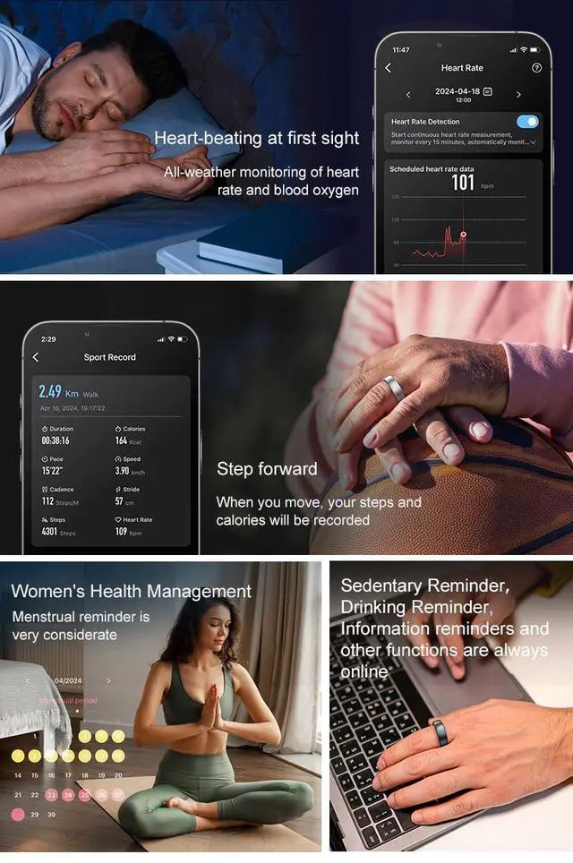 Alt view image 5 of 6 - Gen Pro 2 Smart Ring for Men & Women's, Qring with No APP Subscription with Heart Rate, Wireless Chargeing, Sleep Monitoring & Remote Camera Control, Waterproof Ring (Silver, 12)