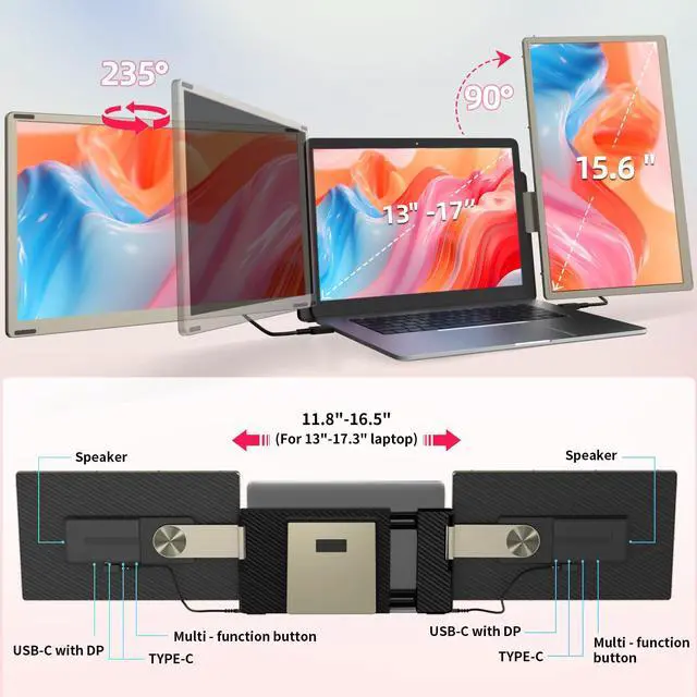 Alt view image 3 of 6 - 15.6" Laptop Screen Extender, Triple Portable Monitor with FHD 1080P IPS Display, 120% sRGB, 235° Rotation and Plug and Play Setup for 13-17.3" Mac, Windows & ChromeOS Laptops