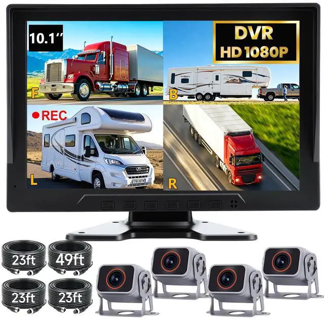 Main image of 4-Camera Wired Backup Camera System for Truck & RV, 10.1" 1080P Quad Split Monitor, DVR Recording, Night Vision, Waterproof Vibration-Proof for Trailer, Tractor & Heavy Equipment