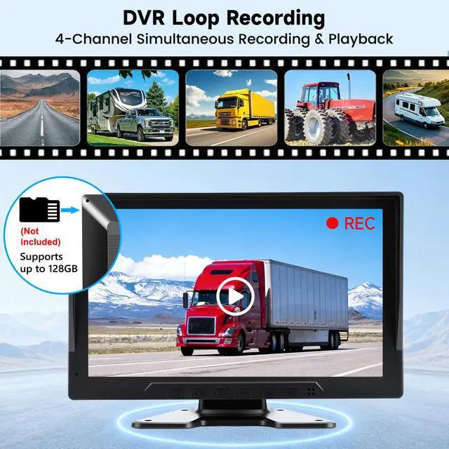 Alt view image 4 of 6 - 4-Camera Wired Backup Camera System for Truck & RV, 10.1" 1080P Quad Split Monitor, DVR Recording, Night Vision, Waterproof Vibration-Proof for Trailer, Tractor & Heavy Equipment