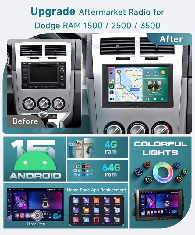 Alt view image 3 of 6 - 4 Core 4+64G Android 15 5G WiFi Car Radio for Jeep Commander 05-08 Compass 07-10 Patriot Grand Cherokee Dodge Ram Caliber, 8'' Touchscreen with CarPlay Android Auto Backup Cam,GPS BT FM RDS Stereo