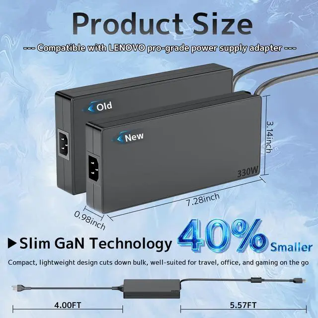 Alt view image 5 of 6 - 330W Slim GaN Laptop Charger Compatible with Lenovo Legion pro 7 7i 5i 5 9 9i 15 16 17 16IRX8 16IRX9 RTX 4070 4080 4090 Yoga AIO 7 ADL330SDC3A GX21M50608 20V 16.5A Gaming AC Adapter Power Supply Cord
