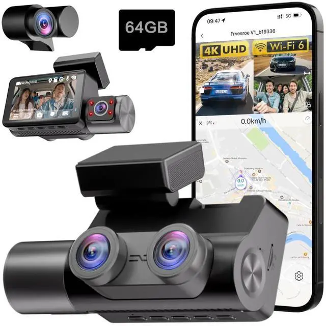 Main image of 4K 3 Channel Dash Cam Front and Rear Inside with WiFi 6 & GPS, 4K+1080P+1080P Dash Camera for Cars, FREE 64GB Card, IR Night Vision, 24H Parking Mode,Dashcam for Family & Rideshare Driver(V1)