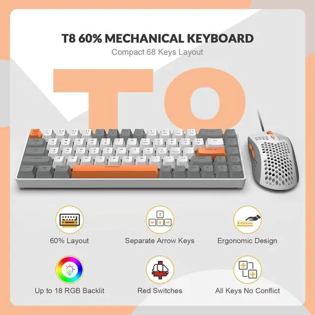 Alt view image 2 of 6 - RK-T8PR0 Wired 65% Mechanical Gaming Keyboard and Mouse Combo with RGB LED Backlit Anti-ghosting TKL Mini 68 Key Coiled C to A Cable Linear Red Switch for PS4 PS5 Xbox PC Mac Gamer(Gray)