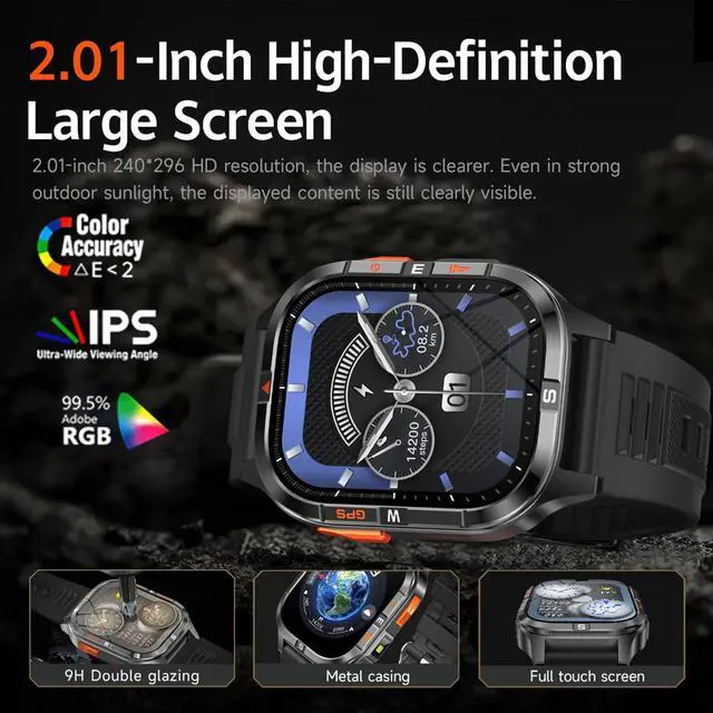 Alt view image 3 of 6 - Military GPS Smart Watch for Men with Compass/Altitude/Flashlight,2.01" HD Screen smart watch with Voice Assistant/Bluetooth Calling,Smartwatch for Android&iOS, Activity Tracker Multiple Sport Modes