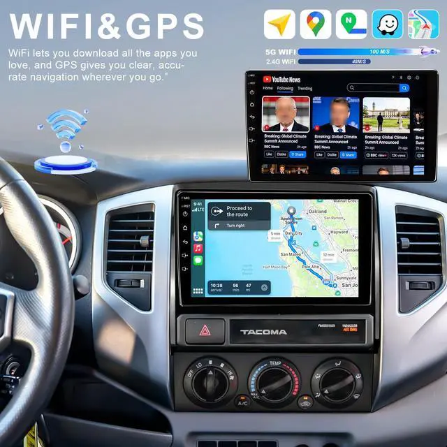 Alt view image 6 of 6 - 5G WiFi Upgrade Car Radio for Toyota Tacoma 2005-2015, 9 Inch Car Stereo Audio Touch Screen Replacement Head Unit with Wireless Carplay Android Auto GPS Navigation Bluetooth FM DSP SWC Backup Camera