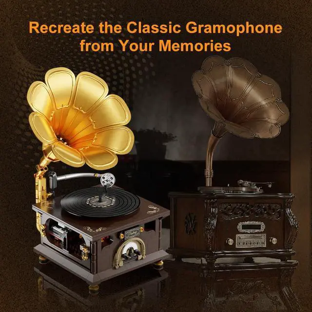 Alt view image 2 of 6 - PANTASY Retro Phonograph Building Set, Gramophone Music Box Building Kit, Vintage Music Player Building-Bricks Set, Gramophone Construction Building Blocks Model Set