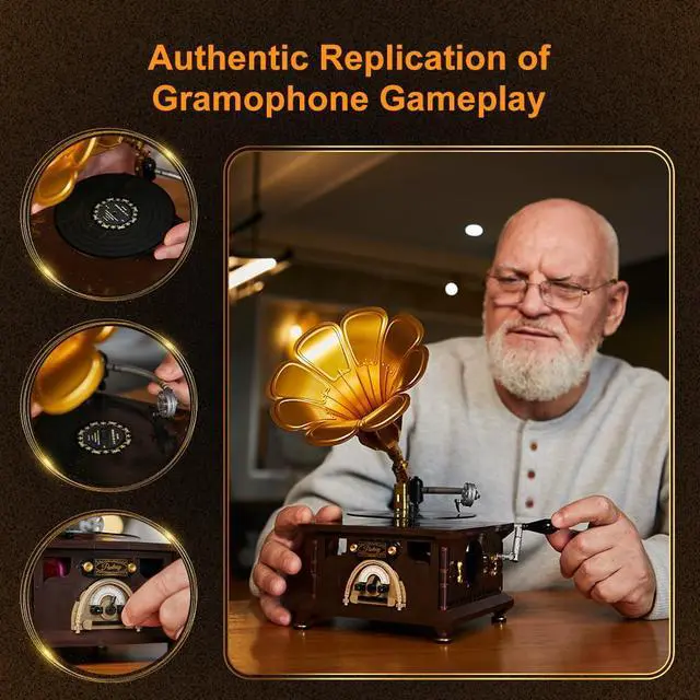 Alt view image 3 of 6 - PANTASY Retro Phonograph Building Set, Gramophone Music Box Building Kit, Vintage Music Player Building-Bricks Set, Gramophone Construction Building Blocks Model Set