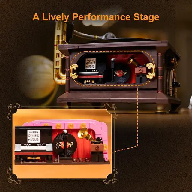 Alt view image 6 of 6 - PANTASY Retro Phonograph Building Set, Gramophone Music Box Building Kit, Vintage Music Player Building-Bricks Set, Gramophone Construction Building Blocks Model Set