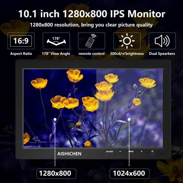 Alt view image 2 of 6 - 10.1 Inch Small Monitor, Raspberry Pi Display Built-in Speakers, Mini Screen1280 x 800, HDMI Monitor 60 Hz, 5ms, IPS Screen Display w/Remote Control, HDMI VGA AV BNC Input(10.1-1280x800P)