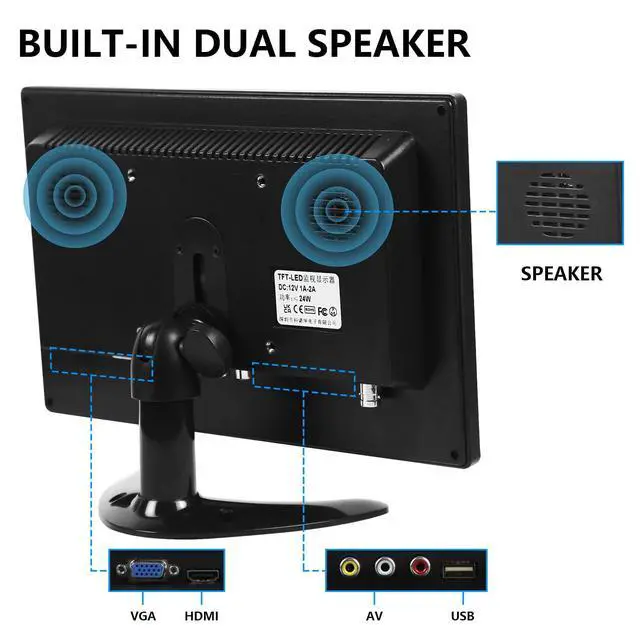 Alt view image 5 of 6 - 10.1 Inch Small Monitor, Raspberry Pi Display Built-in Speakers, Mini Screen1280 x 800, HDMI Monitor 60 Hz, 5ms, IPS Screen Display w/Remote Control, HDMI VGA AV BNC Input(10.1-1280x800P)