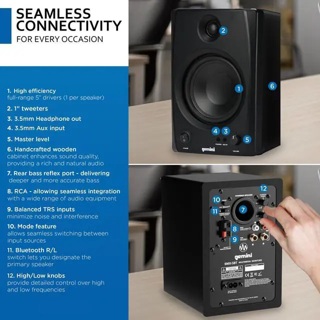 Alt view image 2 of 6 - Gemini 5" Bluetooth Studio Monitors, Pair (SMX-5BT) | 5" active studio monitors, pair - Bluetooth, balanced TRS & RCA inputs - acoustic tuning - wood cabinet
