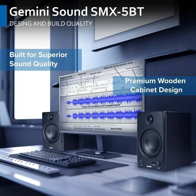 Alt view image 4 of 6 - Gemini 5" Bluetooth Studio Monitors, Pair (SMX-5BT) | 5" active studio monitors, pair - Bluetooth, balanced TRS & RCA inputs - acoustic tuning - wood cabinet