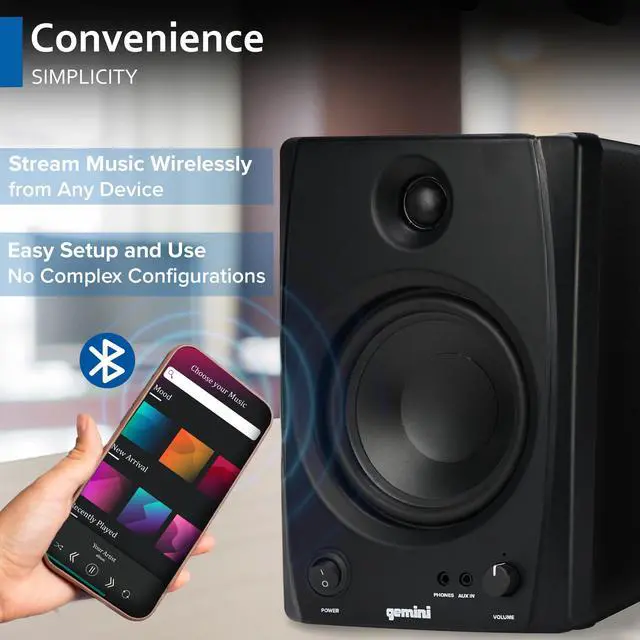 Alt view image 5 of 6 - Gemini 5" Bluetooth Studio Monitors, Pair (SMX-5BT) | 5" active studio monitors, pair - Bluetooth, balanced TRS & RCA inputs - acoustic tuning - wood cabinet