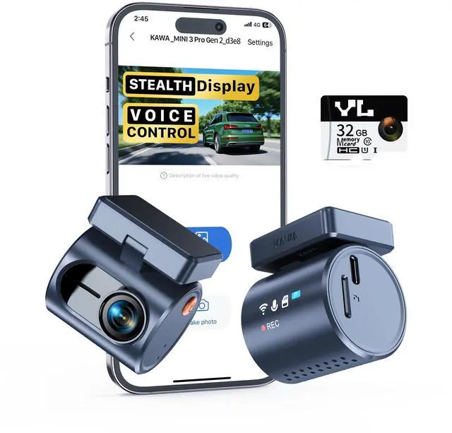 Main image of 2K Dash Cam for Cars with Voice Control - Stealth Display Tiny Dashcam Front Included 32GB Micro SD Card, Super Night Vision, 1296P QHD, G-Sensor, Built in WiFi & App Car Camera