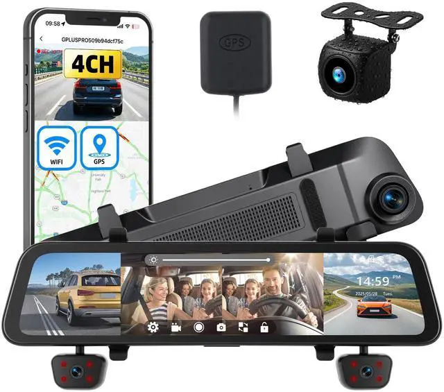 Main image of Rear View Mirror Camera 4 Channel Mirror Dash Cam 1080P Front Rear Inside Cameras for Car 12 HD IPS Touchscreen IR Night Vision WiFi GPS G-Sensor Loop Record Reverse Assist Parking Monitoring