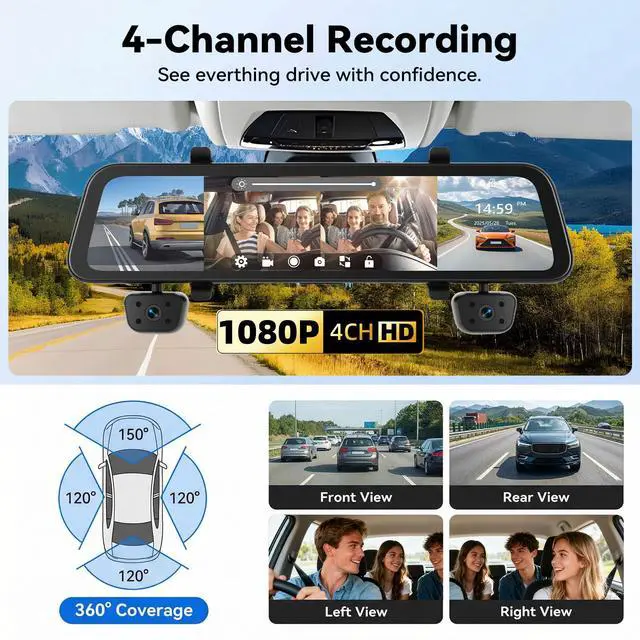 Alt view image 2 of 6 - Rear View Mirror Camera 4 Channel Mirror Dash Cam 1080P Front Rear Inside Cameras for Car 12 HD IPS Touchscreen IR Night Vision WiFi GPS G-Sensor Loop Record Reverse Assist Parking Monitoring