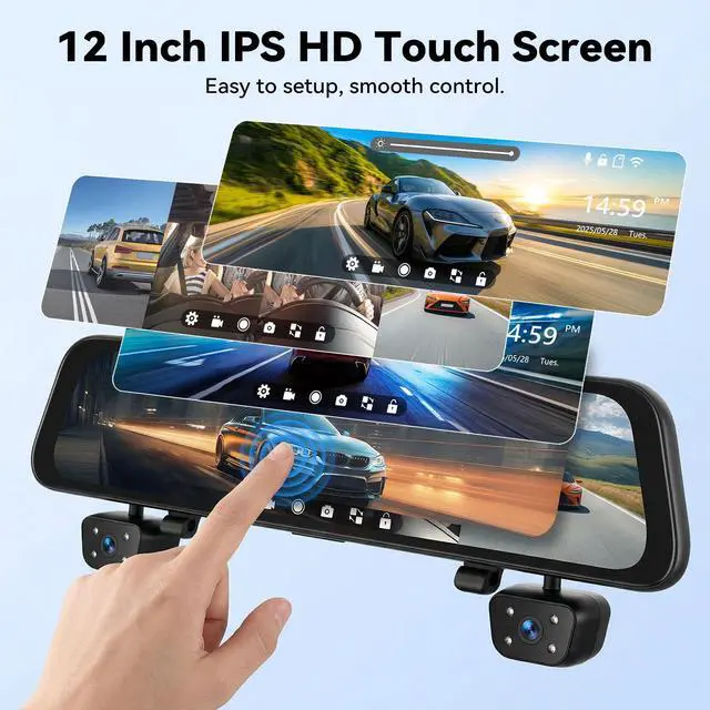 Alt view image 3 of 6 - Rear View Mirror Camera 4 Channel Mirror Dash Cam 1080P Front Rear Inside Cameras for Car 12 HD IPS Touchscreen IR Night Vision WiFi GPS G-Sensor Loop Record Reverse Assist Parking Monitoring