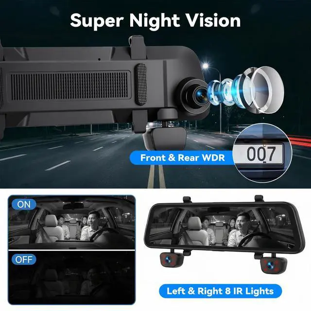 Alt view image 4 of 6 - Rear View Mirror Camera 4 Channel Mirror Dash Cam 1080P Front Rear Inside Cameras for Car 12 HD IPS Touchscreen IR Night Vision WiFi GPS G-Sensor Loop Record Reverse Assist Parking Monitoring