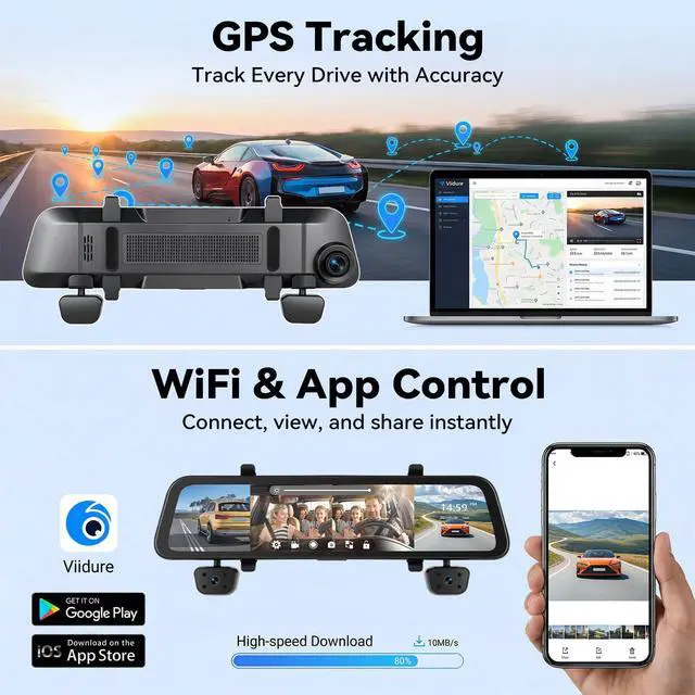 Alt view image 6 of 6 - Rear View Mirror Camera 4 Channel Mirror Dash Cam 1080P Front Rear Inside Cameras for Car 12 HD IPS Touchscreen IR Night Vision WiFi GPS G-Sensor Loop Record Reverse Assist Parking Monitoring