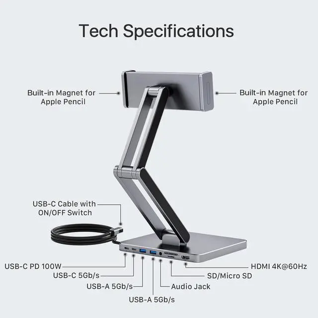 Alt view image 2 of 6 - MagHub 8-in-1 Docking Station for iPad Pro and Android Tablets, USB C Hub Stand with Adjustable Dual-Hinge, Compatible with M2/M1/M4 iPad Pro/Air, 10th, Mini 6th, Samsung Galaxy, Pixel Tabs