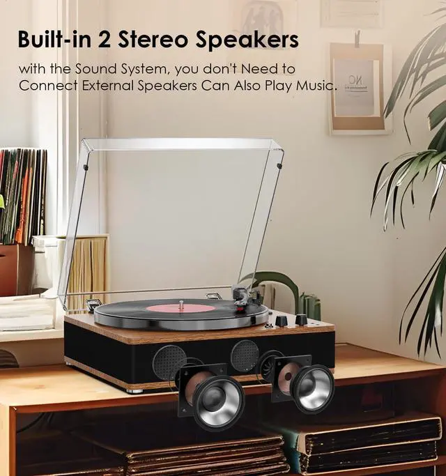 Alt view image 2 of 6 - Vintage Record Player, Vinyl Records Player with Bluetooth Input/Output, Built-in Stereo Speakers, Full-Size Platter, 3-Speed Turntable, RCA/AUX/Headphone Out, Auto Off, Walnut Case