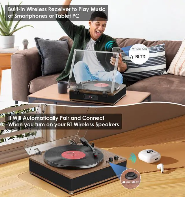 Alt view image 3 of 6 - Vintage Record Player, Vinyl Records Player with Bluetooth Input/Output, Built-in Stereo Speakers, Full-Size Platter, 3-Speed Turntable, RCA/AUX/Headphone Out, Auto Off, Walnut Case