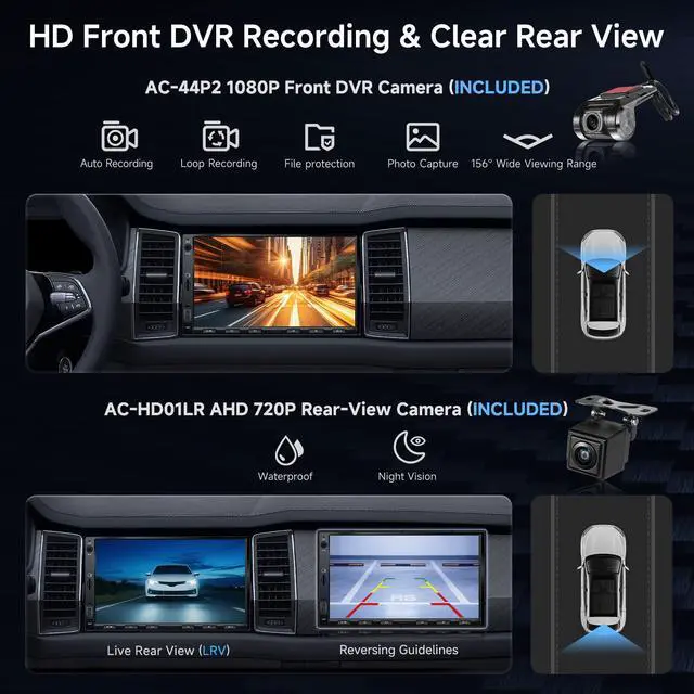 Alt view image 4 of 6 - A5L 7" 2+32GB Android Double Din Car Stereo, LRV Backup Camera&1080P DVR Dash Cam, Wireless CarPlay/Android Auto, WiFi/BT/USB, 24B EQ&DSP, FM/SWC, MirrorLink, AI Chat, GPS Tracking