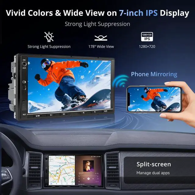Alt view image 6 of 6 - A5L 7" 2+32GB Android Double Din Car Stereo, LRV Backup Camera&1080P DVR Dash Cam, Wireless CarPlay/Android Auto, WiFi/BT/USB, 24B EQ&DSP, FM/SWC, MirrorLink, AI Chat, GPS Tracking