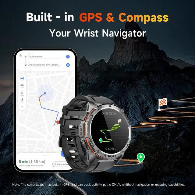 Alt view image 3 of 6 - GPS Military Smart Watches for Men - Military Grade, 6-Satellite Positioning, 800mAh 30-Day Battery, 5ATM Waterproof Rugged Fitness Watch for Outdoor Tactical Use 1.43" AMOLED Rugged Fitness Watch