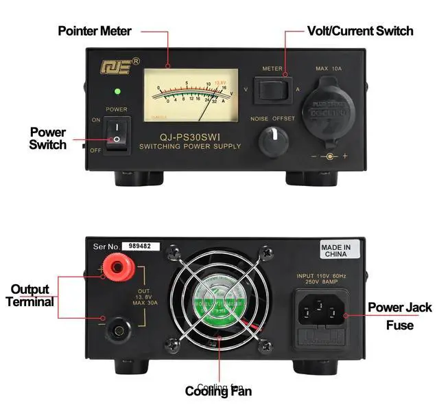 Alt view image 6 of 6 - 13.8V 30A Bench Power Supply, Ham Radio Switching Power Supply, Regulated Analog DC Power Supply with Cigarette Plug Socket for CB VHF UHF HAM Amateur Radio, Noise Offset Control
