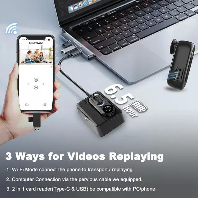 Alt view image 5 of 6 - 4K Mini Body Camera Action Cam with Audio & Video Recording -128G Thumb Size Hands Free Body Worn Cameras - Wearable Portable Camcorder for Work Travel Pet Walk Vlog(Black)