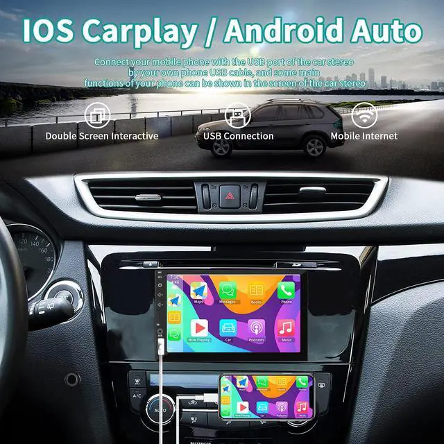 Alt view image 2 of 6 - Double Din Car Stereo with 7 Inch Touchscreen, Radio Audio Receiver, Compatible with Wired Apple CarPlay & Android Auto, Mirror Link Support, Bluetooth Hands-Free, Backup Camera, FM/USB/TF/AUX, 12V