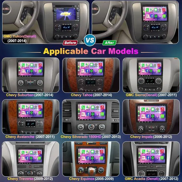 Alt view image 2 of 6 - 4G+64G Car Radio for 2007-2012 Chevrolet Chevy Silverado Impala, GMC Sierra Acadia Enclave Yukon, Buick 8" IPS Touch Screen Car Stereo with GPS Wireless CarPlay/Android Auto, Backup Camera/DSP/SWC