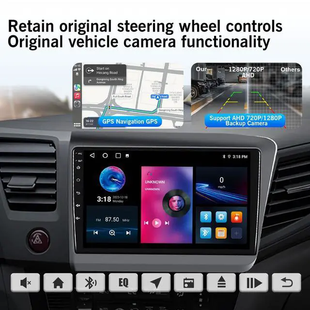 Alt view image 5 of 6 - Upgraded Android 14 8 Core Car Radio Stereo for Honda Civic 2012 2013 2014 2015 with Wireless Carplay&Android Auto 4+32G 9" HD Touchscreen, AM/FM/RDS, Backup Camera, SWC