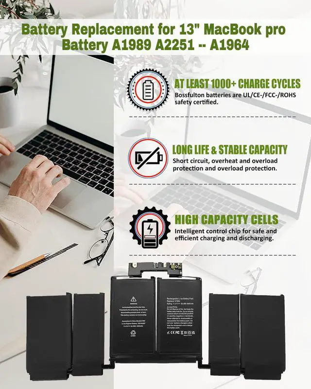 Alt view image 2 of 6 - A1964 A1989 A2251 Battery Replacement for MacBook Pro 13 Inch A1989 (Mid 2018, 2019) & A2251 (2020), EMC 3214 3358 3348-11.41V 58Wh 5086mAh A1964 Laptop Battery Replacement