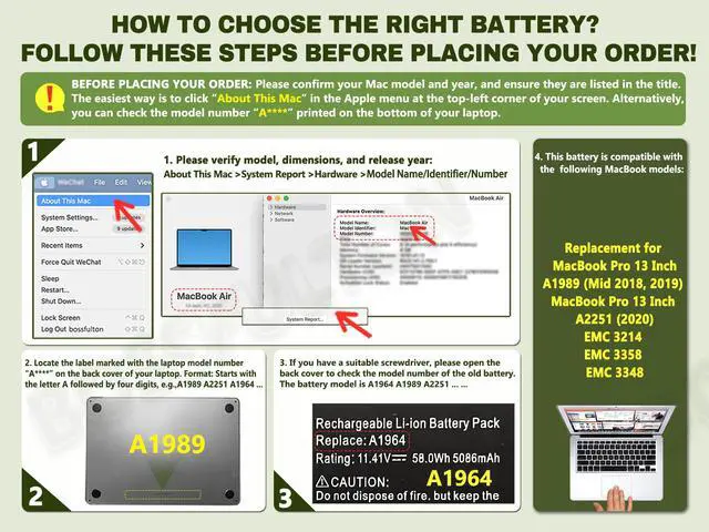 Alt view image 3 of 6 - A1964 A1989 A2251 Battery Replacement for MacBook Pro 13 Inch A1989 (Mid 2018, 2019) & A2251 (2020), EMC 3214 3358 3348-11.41V 58Wh 5086mAh A1964 Laptop Battery Replacement
