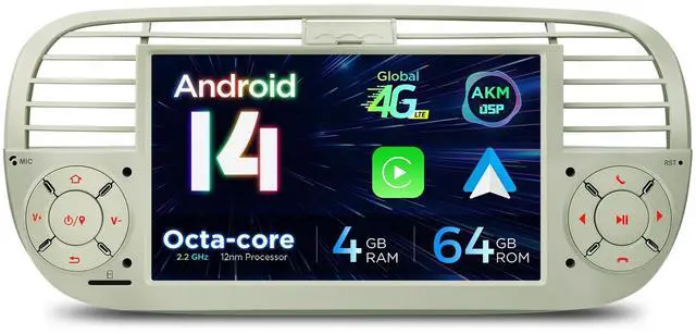 Main image of for Fiat 500 (2007-2015) Touch Screen Radio, 7 Inch Android 13 Car Stereo for Fiat 500 Replacement Bluetooth Head Unit Built-in DSP Car Play Android Auto 4+64GB (Cream)