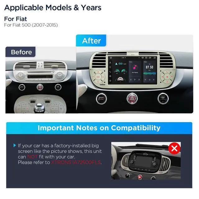 Alt view image 2 of 6 - for Fiat 500 (2007-2015) Touch Screen Radio, 7 Inch Android 13 Car Stereo for Fiat 500 Replacement Bluetooth Head Unit Built-in DSP Car Play Android Auto 4+64GB (Cream)
