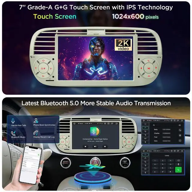 Alt view image 5 of 6 - for Fiat 500 (2007-2015) Touch Screen Radio, 7 Inch Android 13 Car Stereo for Fiat 500 Replacement Bluetooth Head Unit Built-in DSP Car Play Android Auto 4+64GB (Cream)