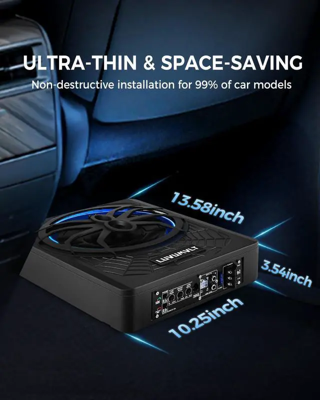 Alt view image 3 of 4 - 1200W 10" Car Subwoofer, Slim Under Seat Powered Subwoofer and Amp Package,High/Low Level Input, Car/Truck Audio Sub Built-in Amplifier amp Combo Package, with Blue LED Light
