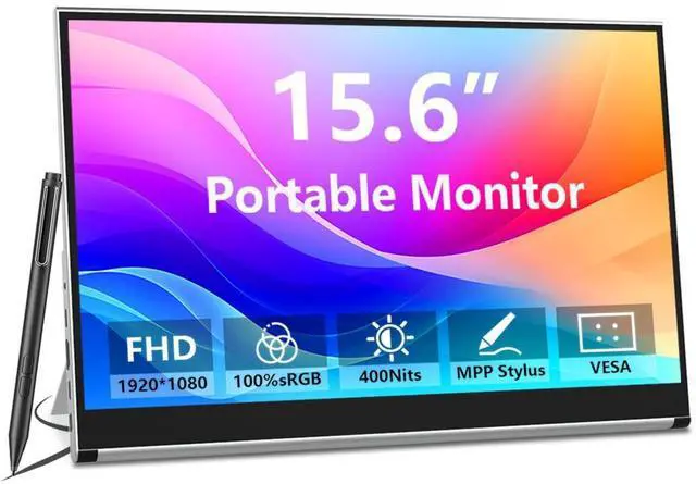 Main image of Portable Monitor Touchscreen, 15.6 Inch 1080P External Monitor with MPP Stylus Included, IPS, FHD, 100% sRGB, 400 Nits, Built-in Stand, USB-C/HDMI/Mini DP for Laptop, PC, Mac, Surface, Console