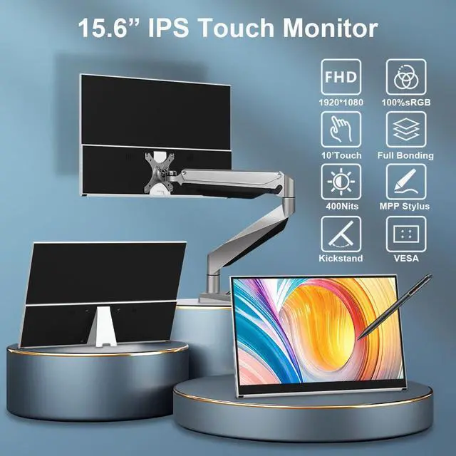 Alt view image 2 of 4 - Portable Monitor Touchscreen, 15.6 Inch 1080P External Monitor with MPP Stylus Included, IPS, FHD, 100% sRGB, 400 Nits, Built-in Stand, USB-C/HDMI/Mini DP for Laptop, PC, Mac, Surface, Console