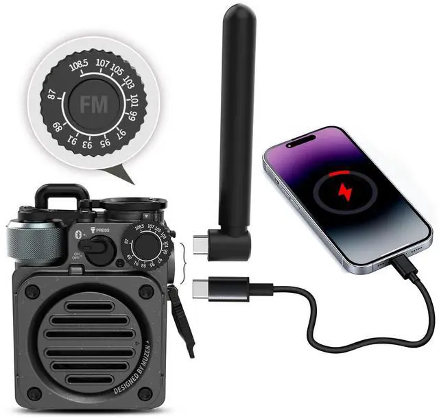 Main image of Upgraded Wild Mini 3.0 Outdoor Portable Wireless Bluetooth Speaker with FM Radio, Phone Charger/15H Playtime/IPX5 Waterproof/3 Mode Flashlight, Rugged Gear for Man Camping/Hiking/Travel(Black)