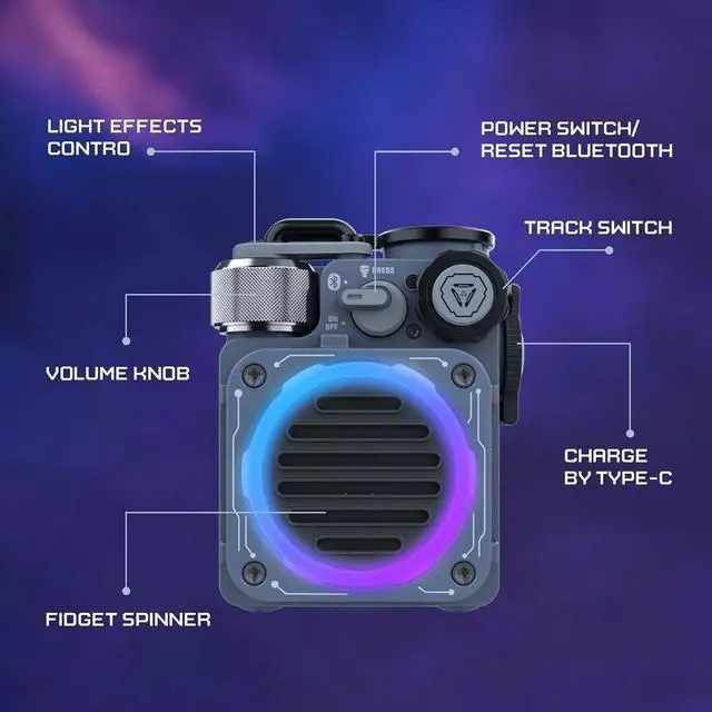 Alt view image 3 of 4 - Cyber Cube Bluetooth Speaker, Bluetooth 5.0, Portable Speaker with Fidget Spinner, Crystal Clear Sound with RGB LED Light Wireless Speaker, Waterproof Speakers for Indoor Outdoor