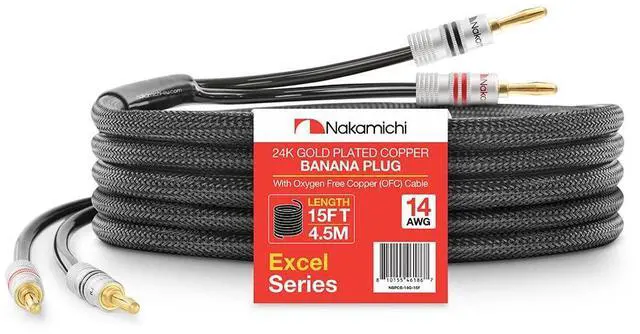 Main image of Excel Series 24k Gold Plated Banana Plugs with Speaker Cable Wire 99.9% Oxygen-Free Copper (OFC) Heavy Duty Braided for Amplifier Hi-Fi Home Theatre - Black (14AWG / 15 feet / 4.5m)
