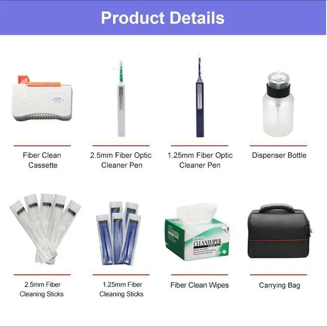 Alt view image 2 of 6 - Fiber Optic Cleaning Kit Fiber Optic FTTH Cleaner Tools with 1.25mm / 2.5mm Fiber Optic Cleaner Pens and Cleaning Sticks Wipes for Cleaning FC SC ST LC MU Connectors