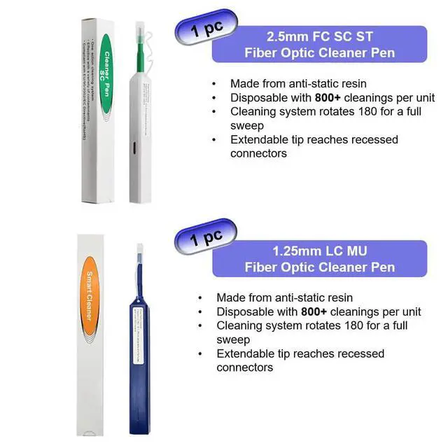 Alt view image 6 of 6 - Fiber Optic Cleaning Kit Fiber Optic FTTH Cleaner Tools with 1.25mm / 2.5mm Fiber Optic Cleaner Pens and Cleaning Sticks Wipes for Cleaning FC SC ST LC MU Connectors