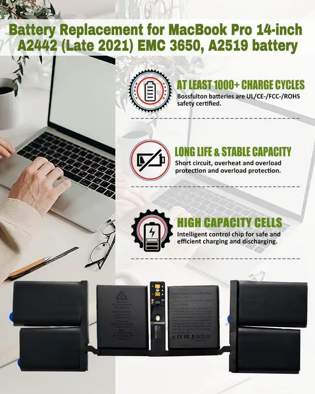Alt view image 2 of 6 - A2519 A2442 Battery Replacement for MacBook Pro 14-inch A2442 (2021), EMC 3650 8102 A2519 Battery - 6100mAh 69.9Wh