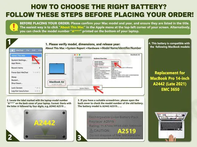 Alt view image 3 of 6 - A2519 A2442 Battery Replacement for MacBook Pro 14-inch A2442 (2021), EMC 3650 8102 A2519 Battery - 6100mAh 69.9Wh